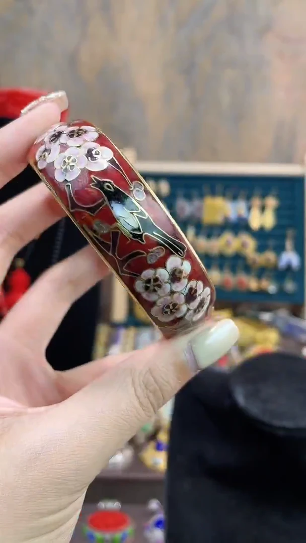 非遗手工景泰蓝开口银蓝镯子红色
