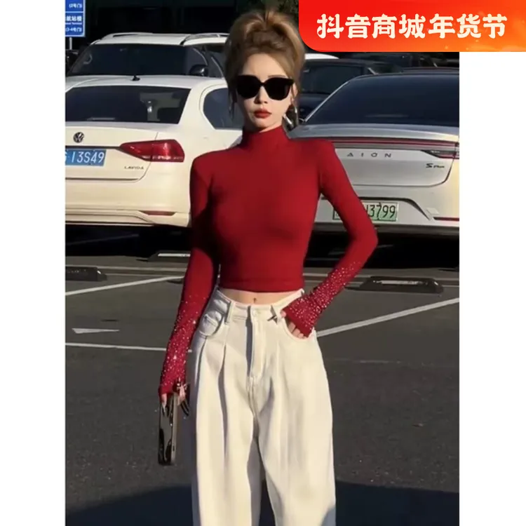 圣诞新年红色重工烫钻长袖t恤女秋冬气质半高领修身保暖打底上衣