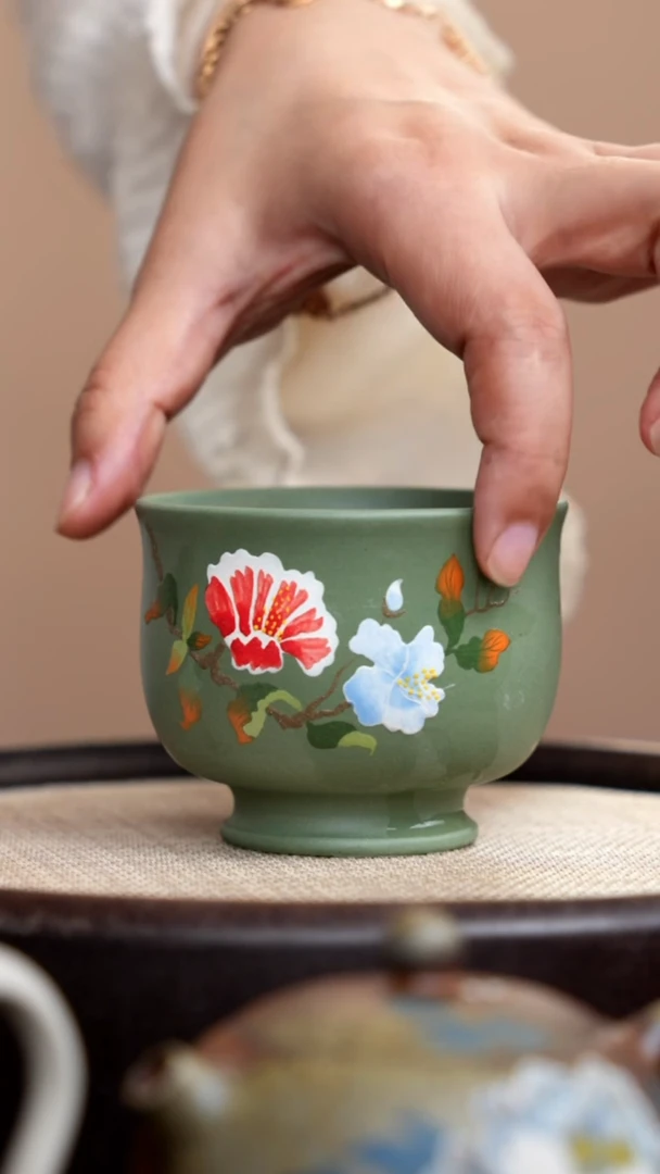 茶壶紫砂豆青砂将军杯泥绘花
