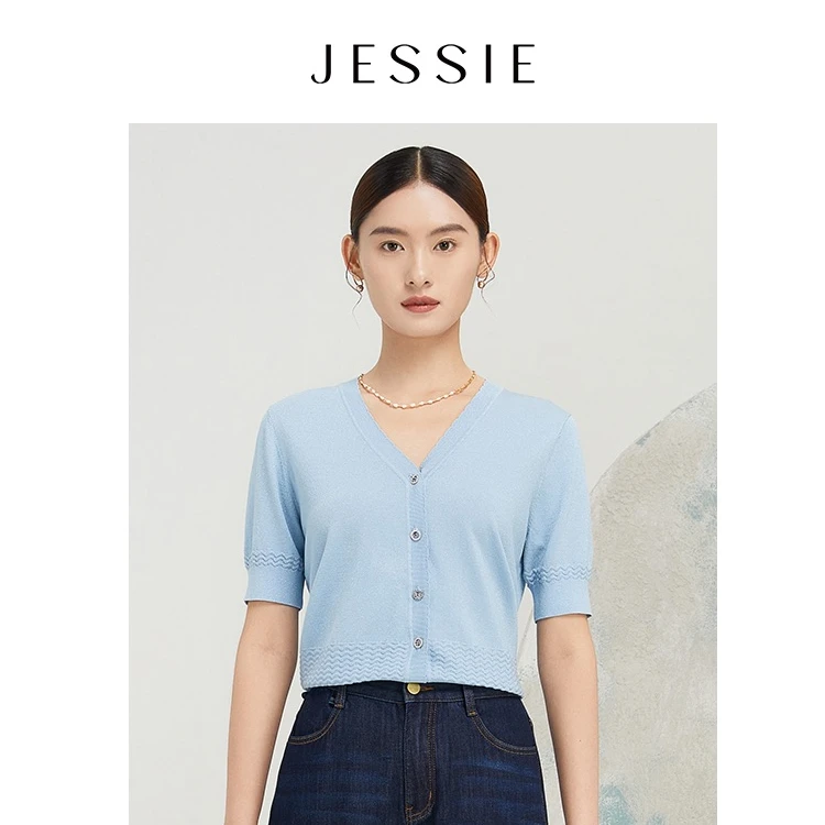 JESSIE夏季新品气质温柔百搭显瘦短袖针织上衣JP4S06AM452