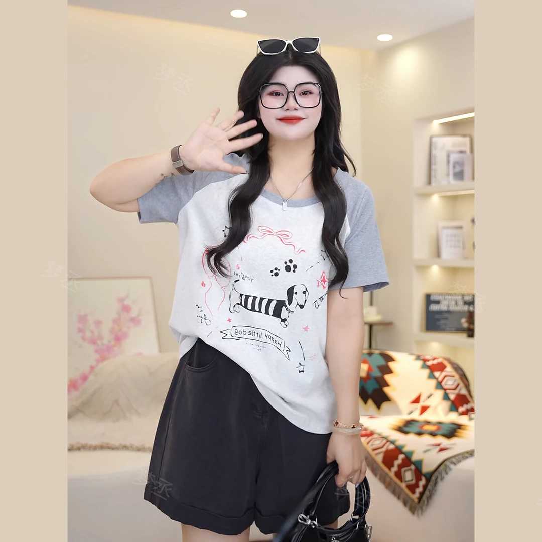 梦丞-胖mm夏季大码女装腊肠小狗印花正肩微胖百搭显瘦短袖T恤女