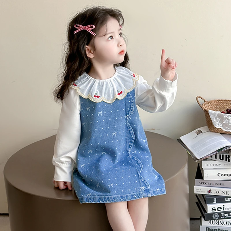 女童春季套装2025牛仔背心裙子连衣裙樱桃娃娃领长袖衬衫韩版新款