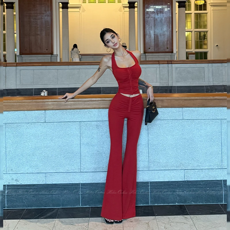 HELEN/辣妹挂脖背心包臀短裤微喇长裤休闲三件套S896,K505,K506