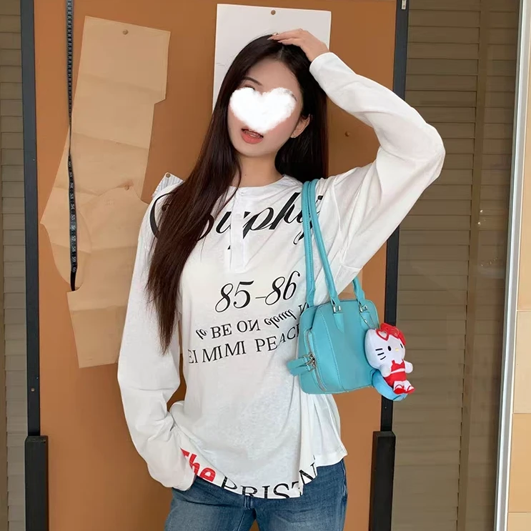 韩国麻抗起球半开领T恤女纽扣领假日风早秋长袖慵懒ins打底衫8952