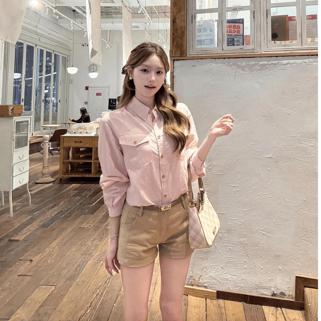 2025早秋设计感衬衣老钱风口袋长袖衬衫休闲百搭上衣显瘦修身短裤