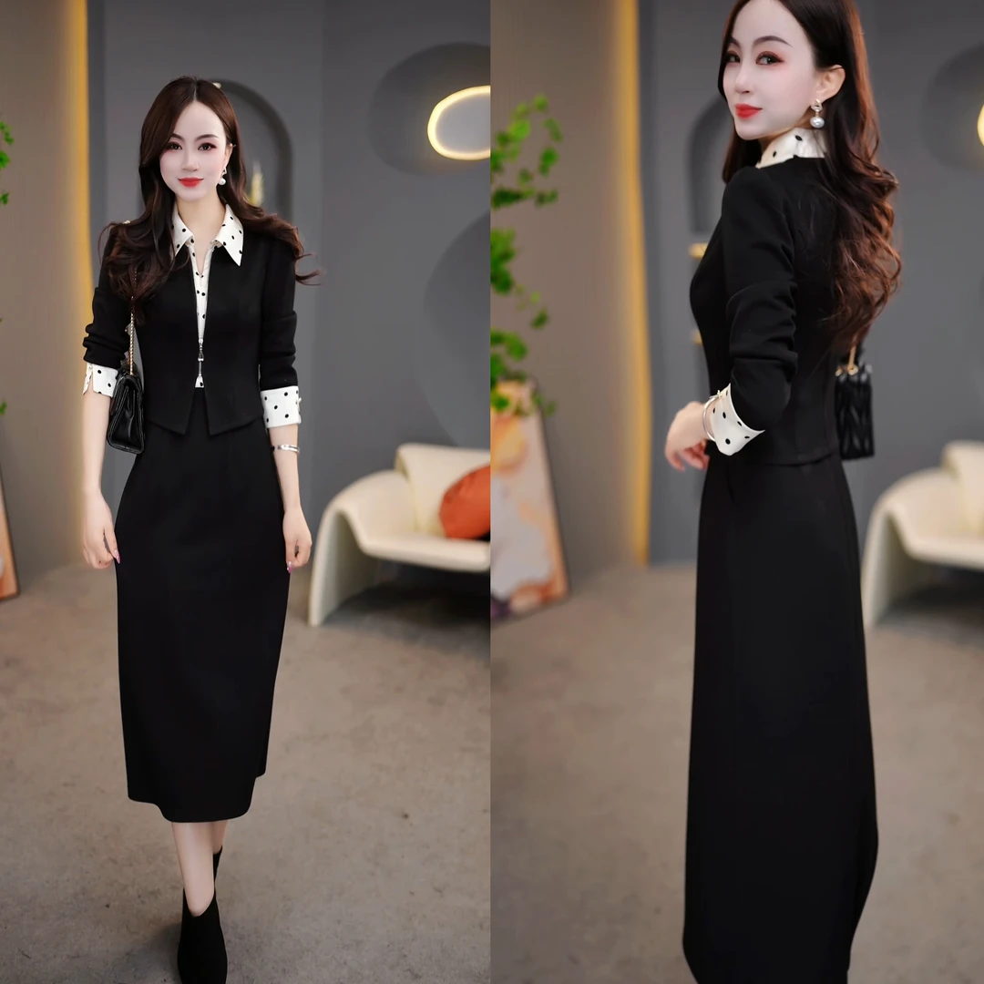 2025春季新款波点时尚减龄显瘦气质女士衬衣连衣裙假两件中长款