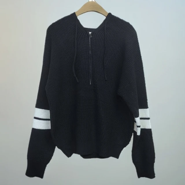 抽绳连帽长袖针织卫衣女秋冬设计感撞色条纹宽松显瘦外套上衣8733