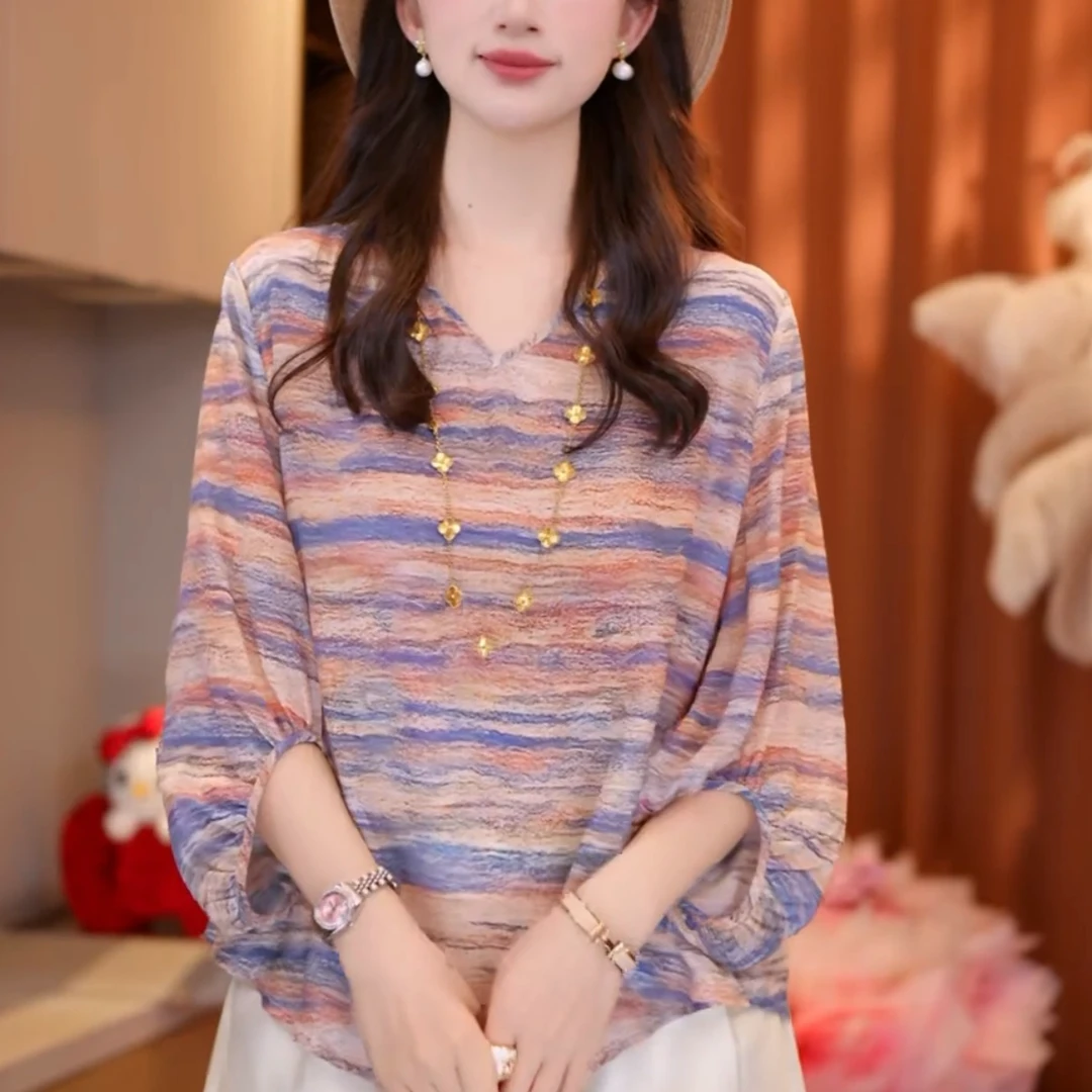 【丝芙玉禄】（F760）100%真丝双绉创意条纹印花宽松桑蚕丝t恤上衣