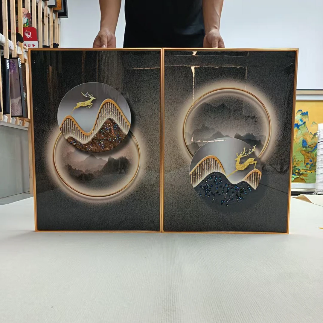 晶瓷镶钻简约大气轻奢客厅两联晶瓷画百搭沙发背景墙壁画鹿5070