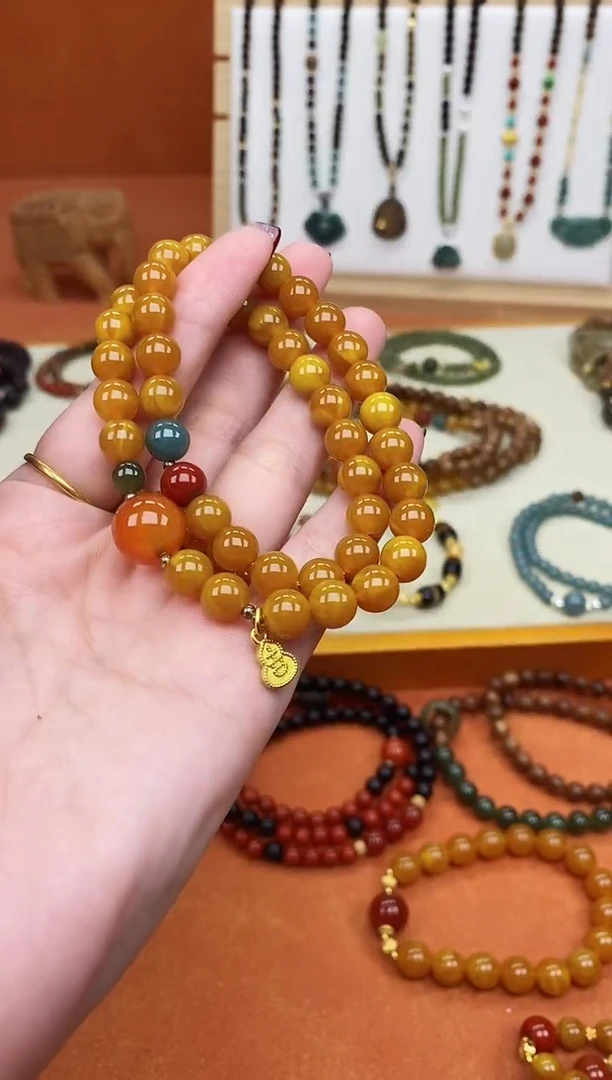 手链蜜蜡未镶嵌双圈蜜蜡和田南红蓝水手串