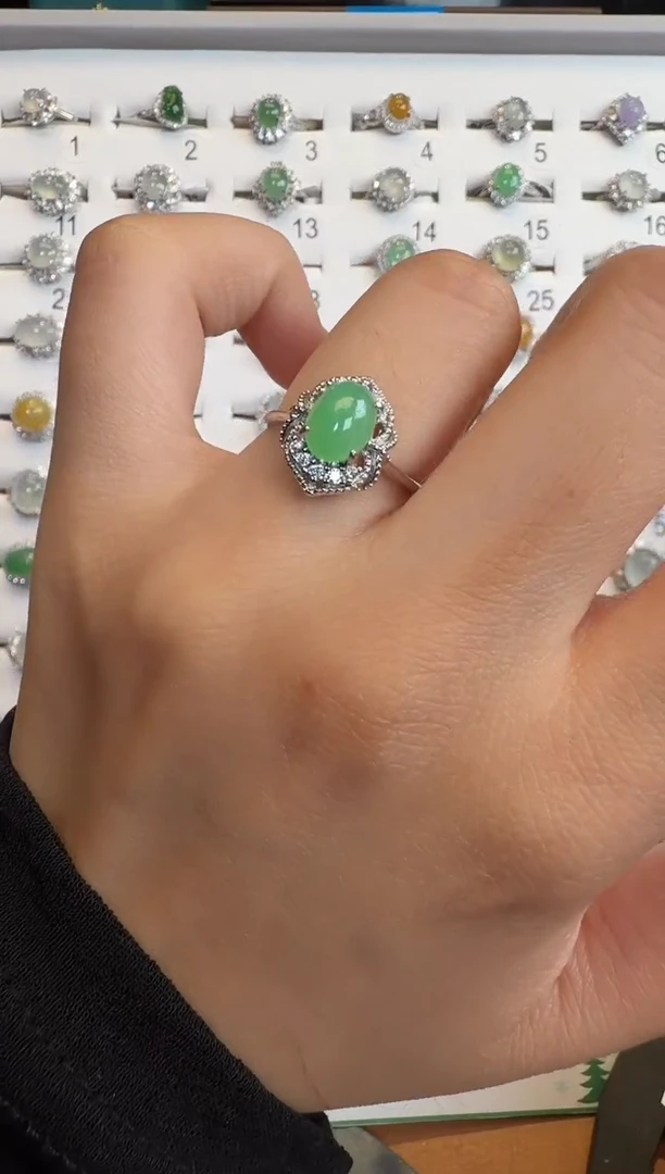 银S925镶嵌戒指翡翠通体925银镶缅甸A货翡翠戒指035