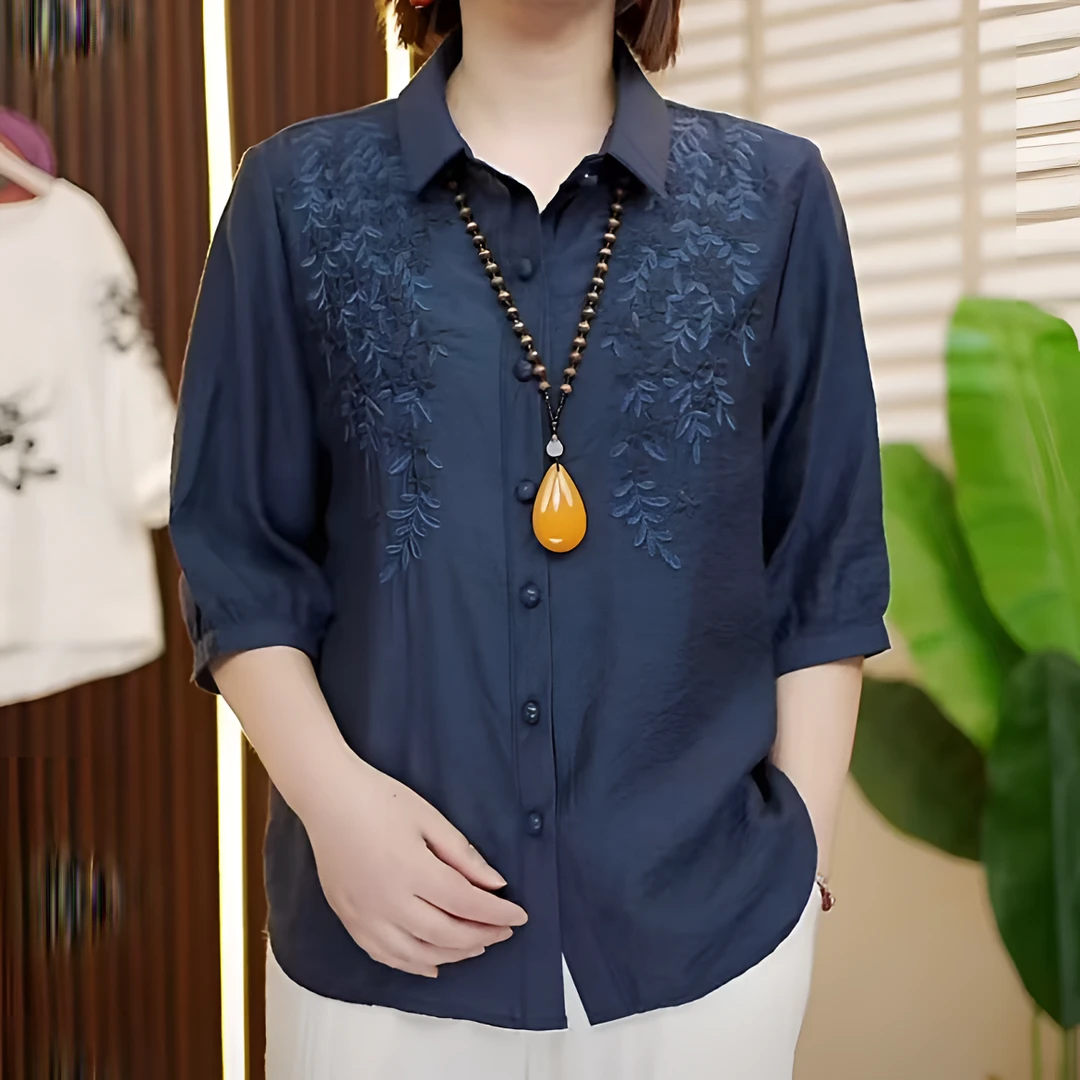 新款夏装复古女装中袖衬衣原宿风通勤不褪色刺绣翻领五分袖衬衫