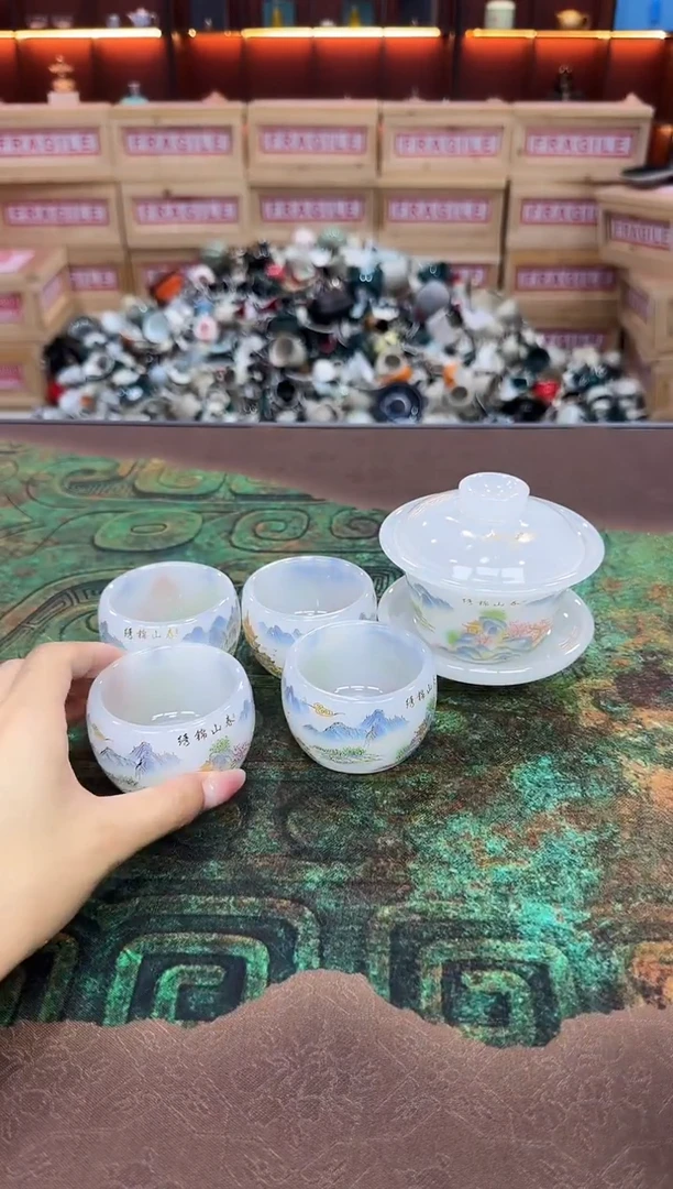 琉璃-锦绣山春盖碗四杯