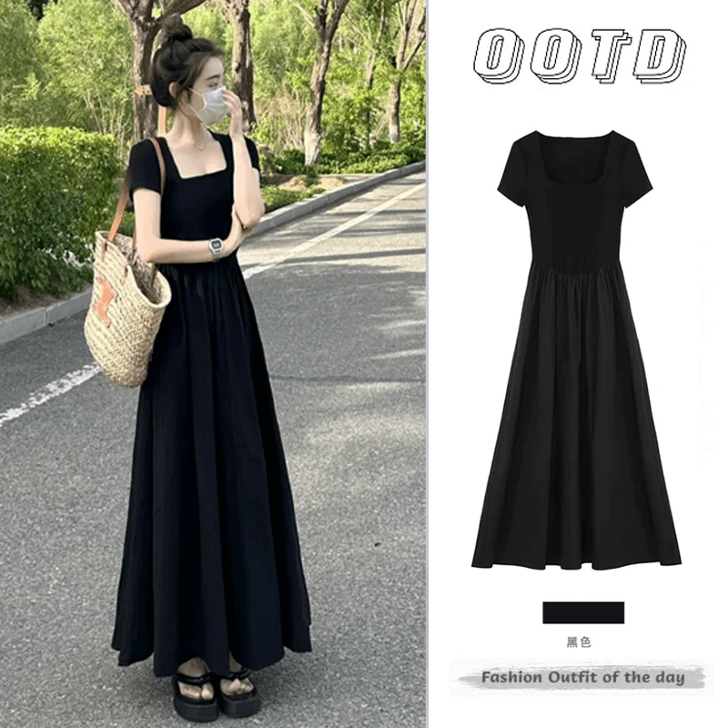 方领连衣裙女夏季法式加长款到脚踝黑色短袖赫本风针织超长裙