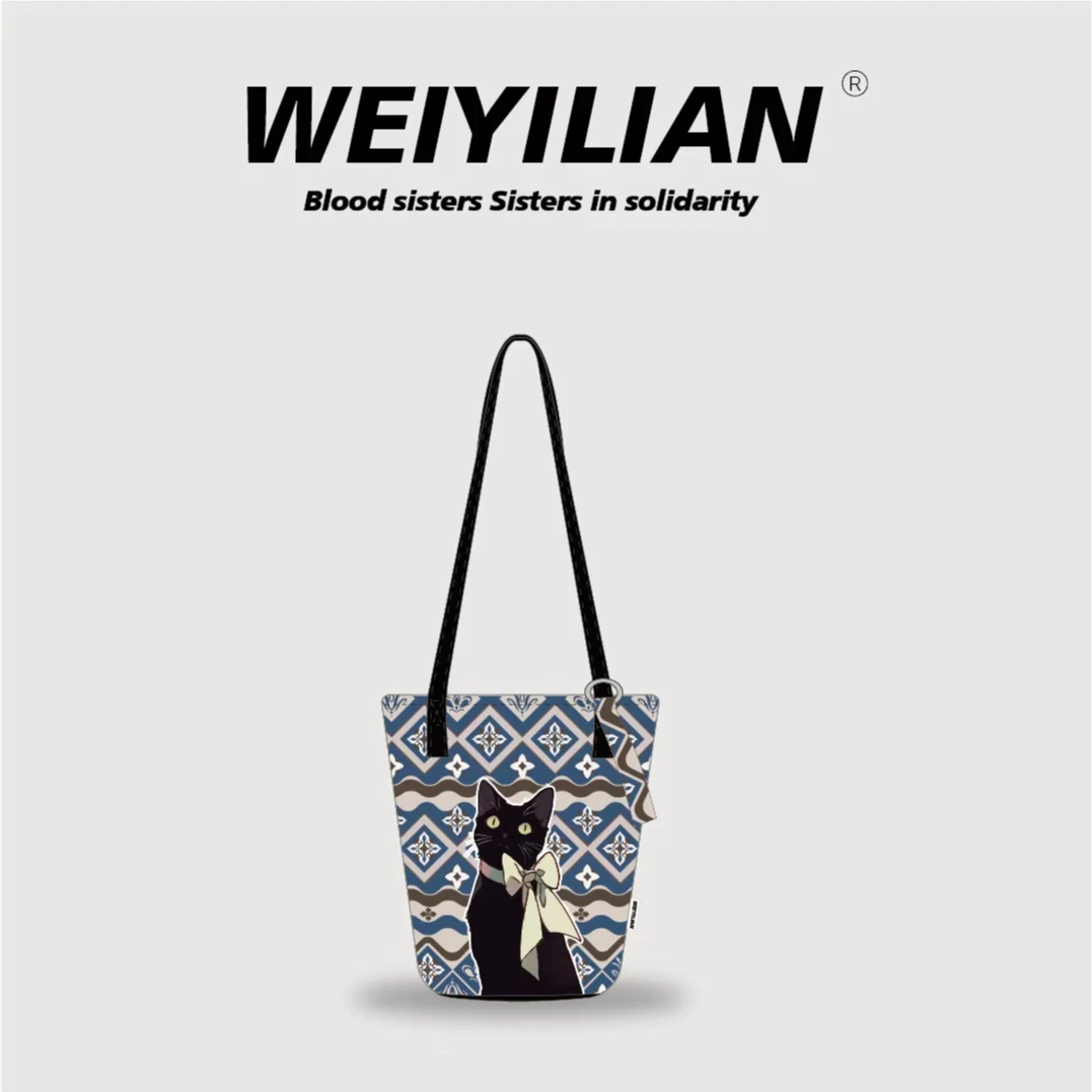 WEIYILIAN蓝纹小猫新款通勤百搭文创礼物大容量水桶包WYL561-46