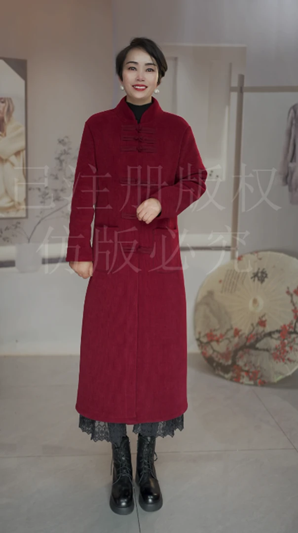 2026冬季简约立领旗袍新中式盘扣加绒加棉加厚中长款风衣外套