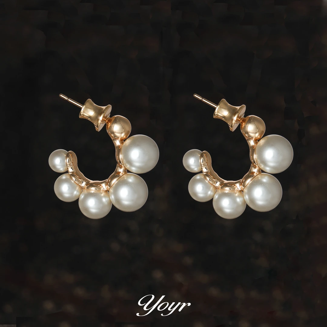 YOYR 黄铜耳饰 轻奢珠珠渐变耳环精致高级感弧形C形法式时尚耳钉