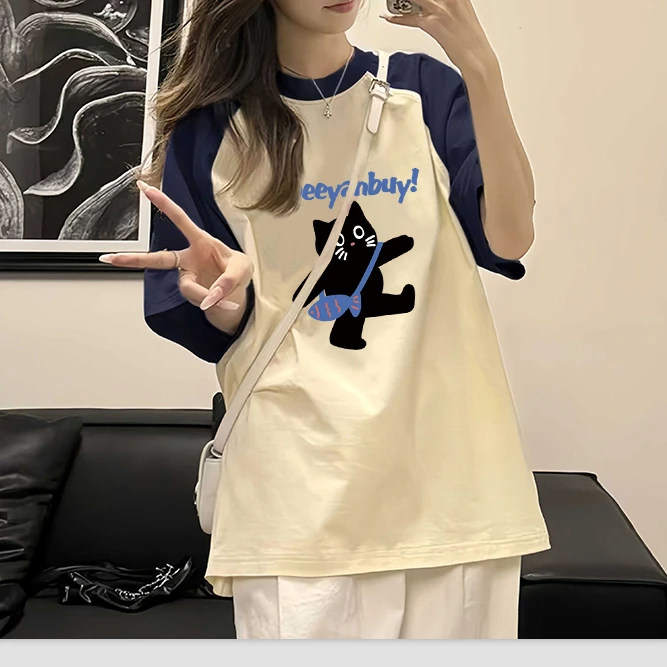 中大童美式纯棉圆领短袖T恤夏季初中女孩高中学生插肩袖宽松上衣