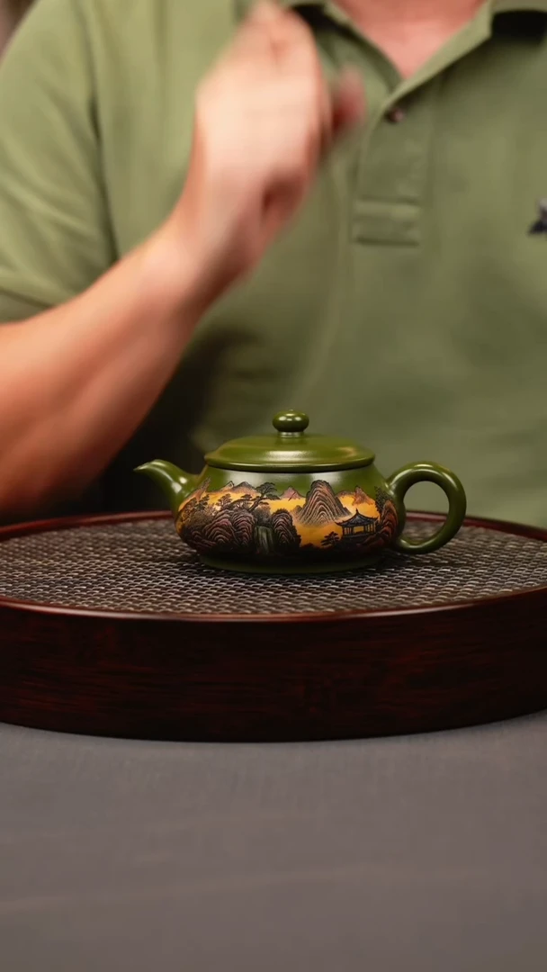 茶壶紫砂绿泥 明炉 彩刻山水