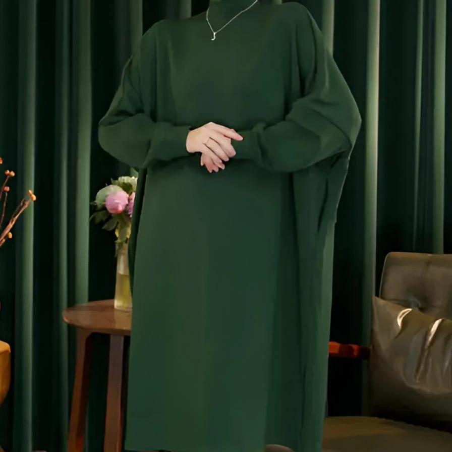 2025新款文艺森系墨绿空气层棉高领卫衣裙宽松大码连衣裙