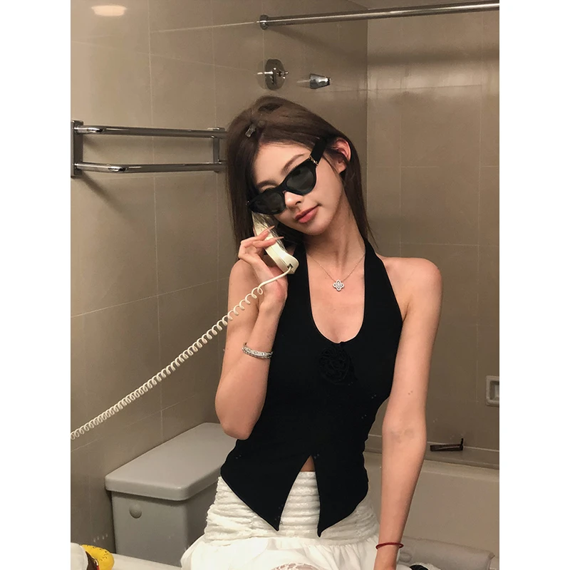 新款外穿度假风背心上衣美式辣妹胸口立体花挂脖吊带女2025年夏季