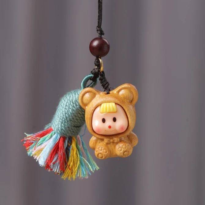 天然木雕卡通可爱苏黄妹手机链包包挂钥匙扣