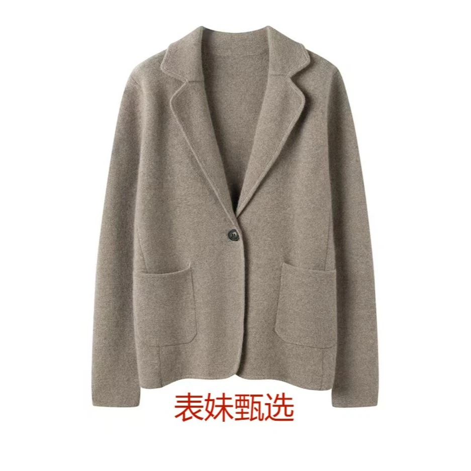 【100%山羊绒 四平翻领西装开衫】针织加厚开衫 宽松上衣-8453