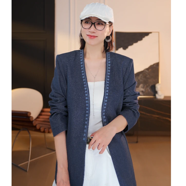 早秋极简休闲时尚牛仔西装常规老钱风宽松纯色气质蕾丝