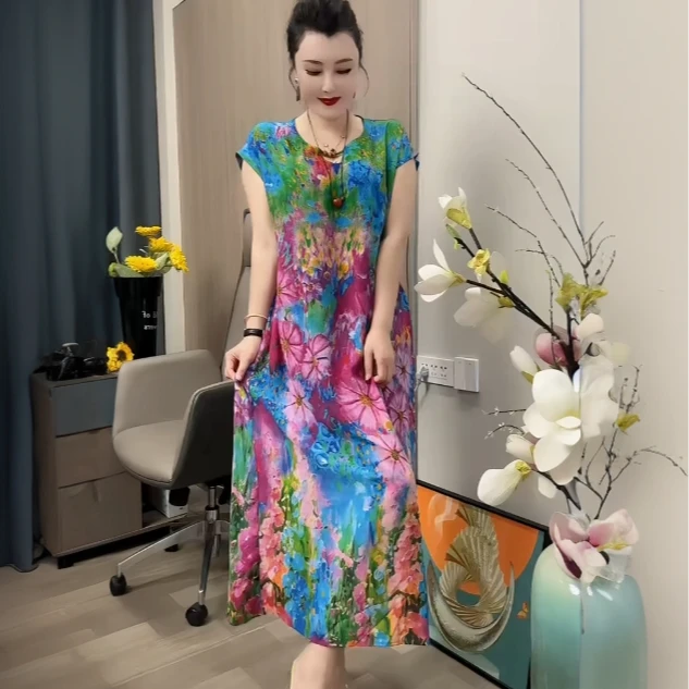 中老年女装中老年小香风中长裙无袖印花宽松复古睡裙