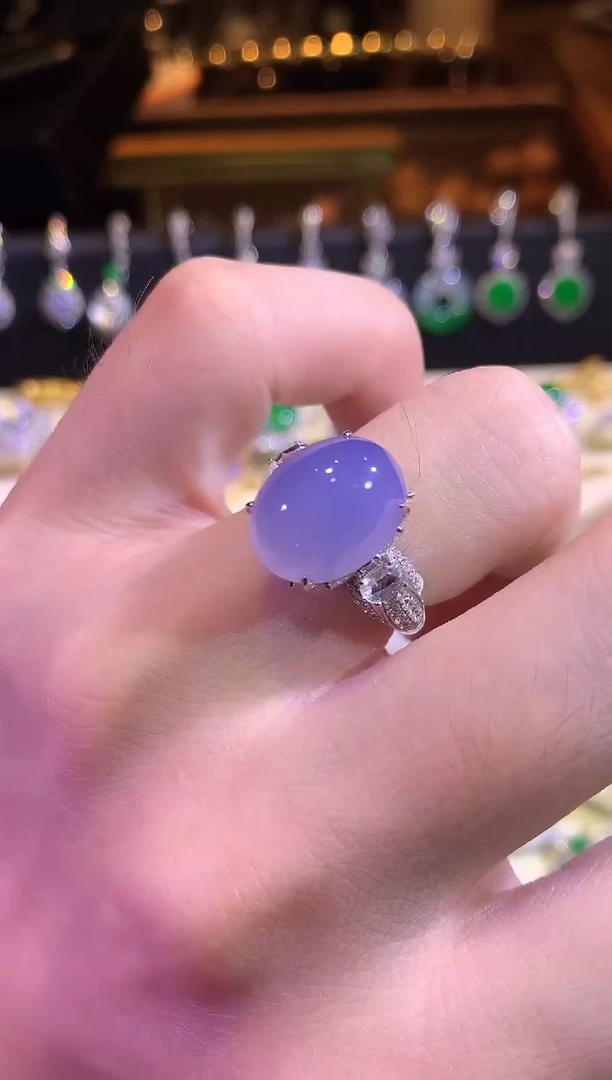 翡翠戒指18K金镶嵌紫罗兰冰紫蛋面戒指