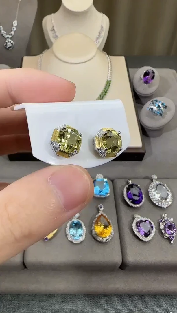 银S925镶嵌耳饰水晶12mm耳钉柠檬晶