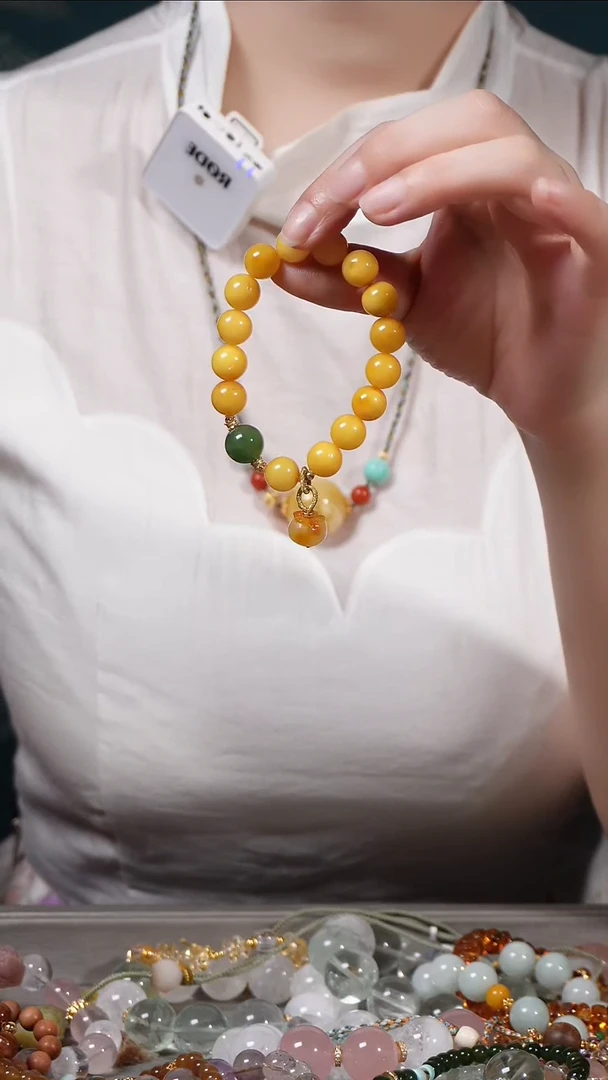 银S925镶嵌蜜蜡手链多宝手链