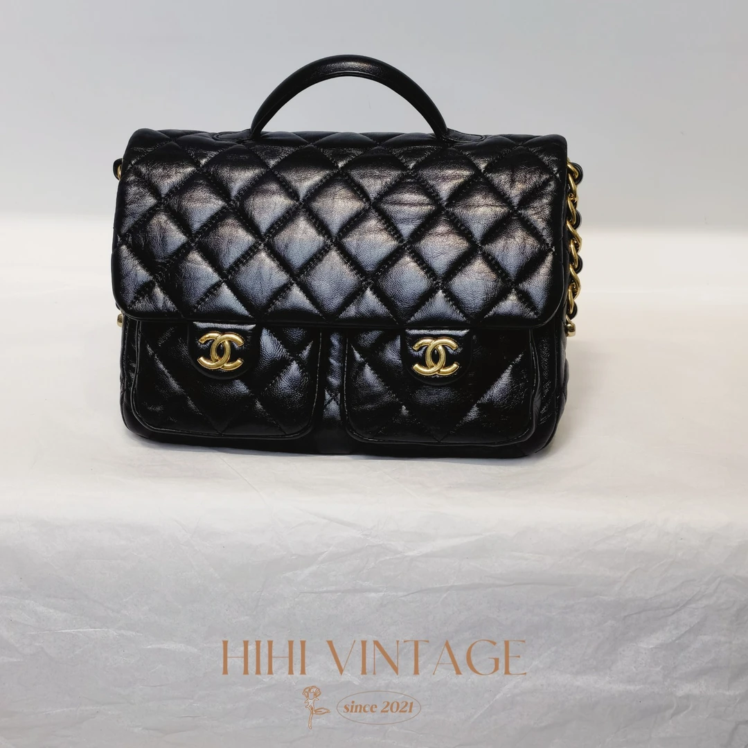 99新 Chanel/香奈儿 Chanel 黑金油蜡皮手柄链条邮差包 18630955