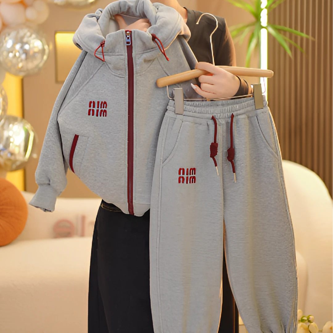 【米小洛】2025春季新款气质儿童时尚休闲洋气灰色连帽套装miu