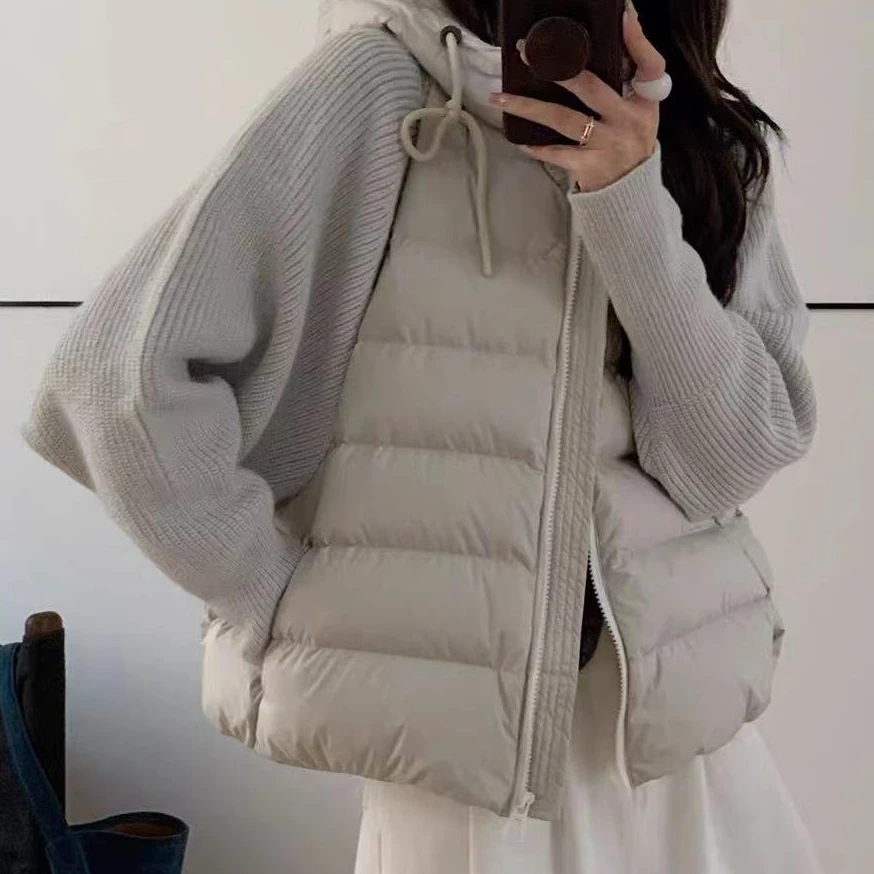 慕兔韩版针织拼接棉服短款外套女2025冬季新款棉衣保暖假两件上衣
