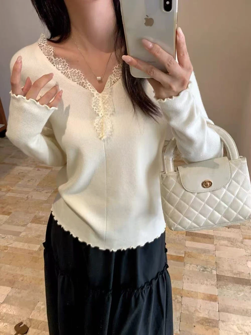 睫毛蕾丝纯欲系百搭淑女温柔气质显瘦软糯毛衣打底韩版针织衫Y82