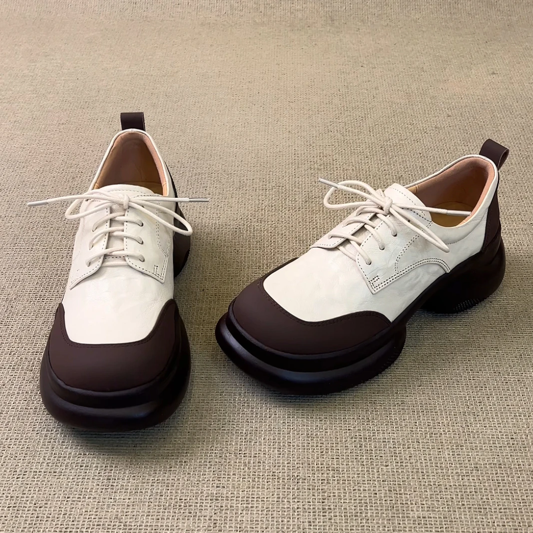 RubyL/6cm休闲通勤英伦风拼色系带舒适百搭圆头深口厚底单鞋女款