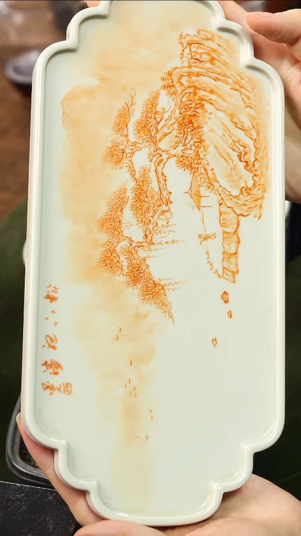 景德镇 手作 矾红手绘干泡盘-松下听涛