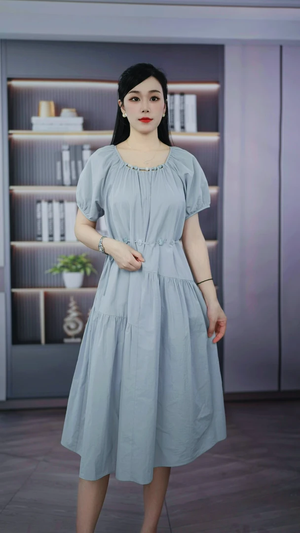 法式浪漫泡泡袖连衣裙2025夏季女装新款温柔风系带短袖长裙