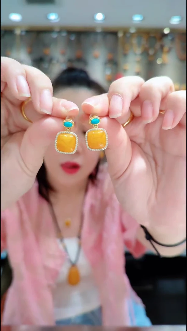 蜜蜡银S925镀金镶嵌珠宝奇石﹣A457蜜蜡耳坠