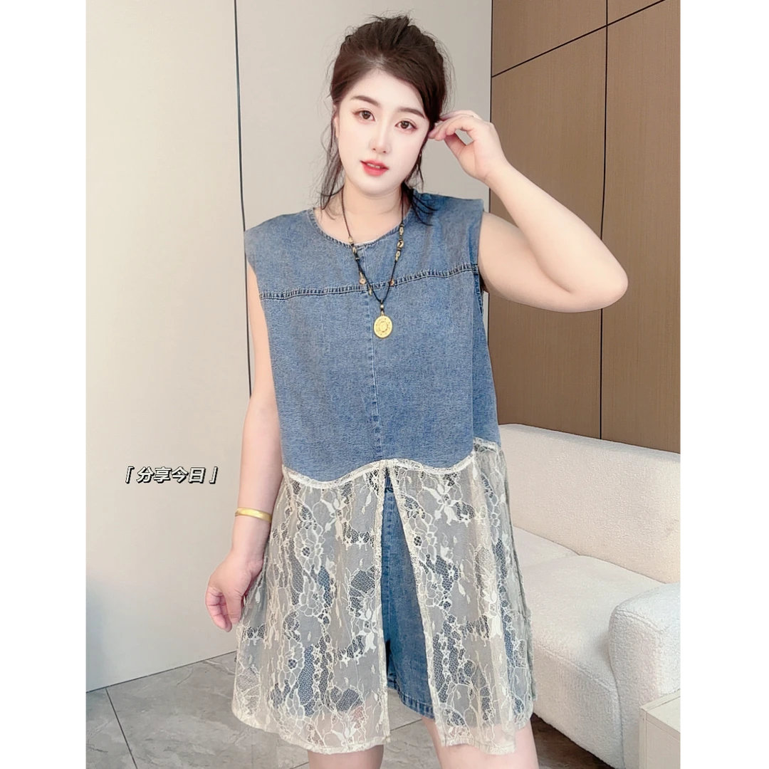 大码夏季夏季新款蕾丝拼接薄牛仔圆领无袖上衣短裤两件套9192