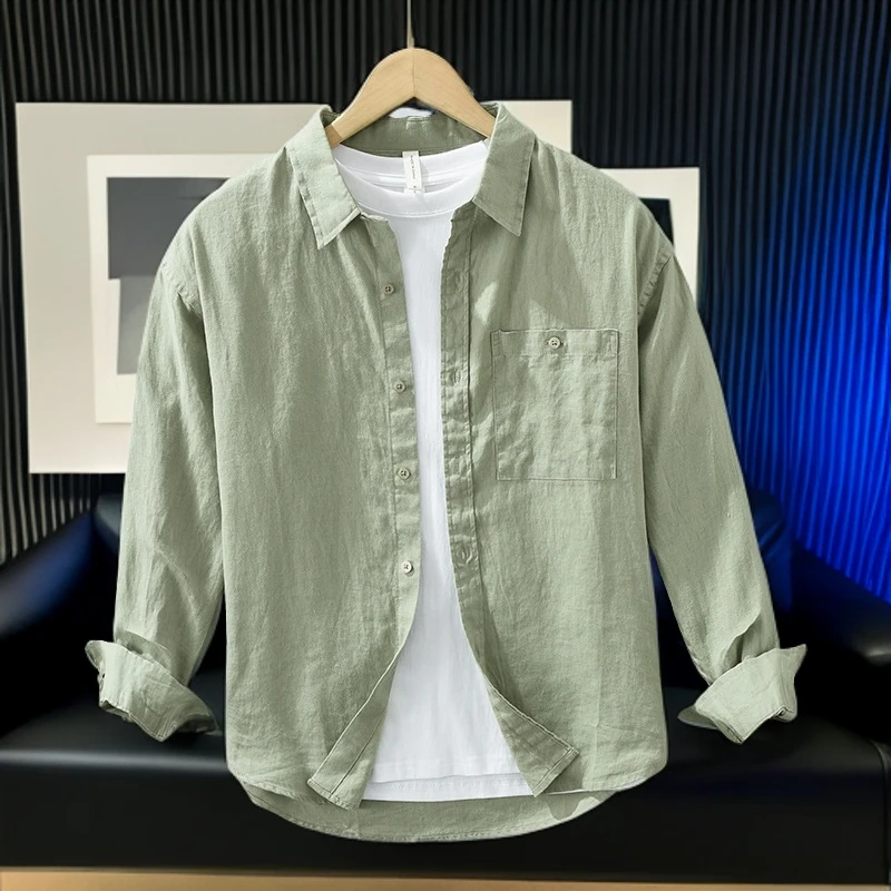 【100纯亚麻】男士百搭简约老钱风外套春夏季薄款商务宽松长袖衬衫