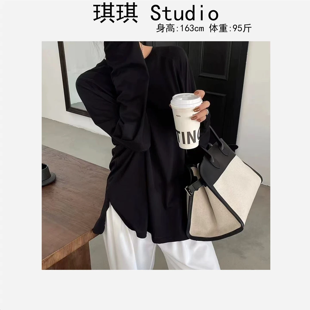 春季新款纯色舒适亲肤圆领侧开叉宽松显瘦减龄气质时尚上衣9003-G