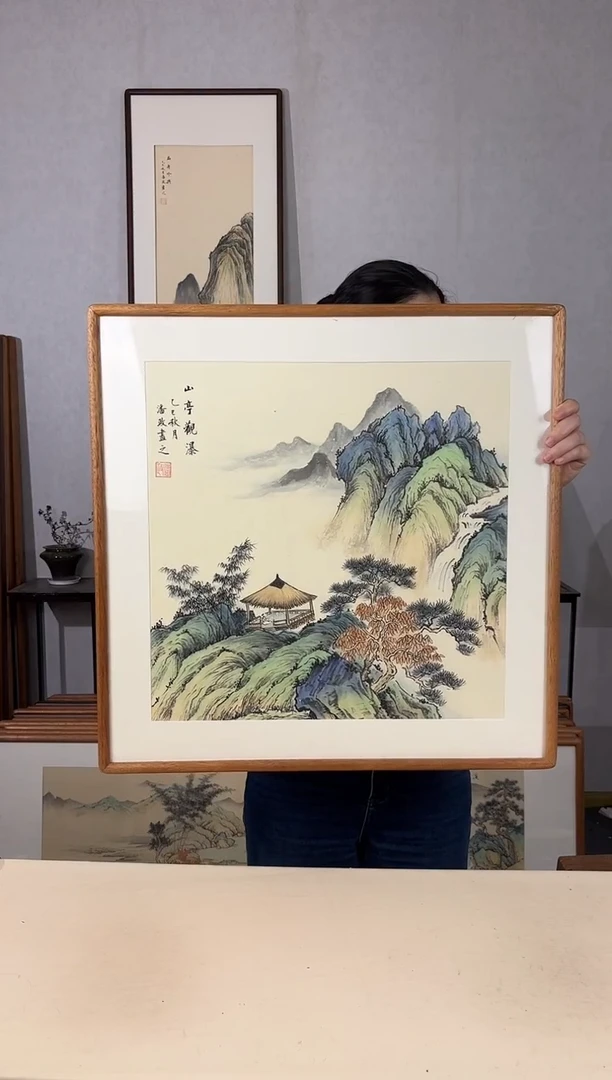 国画手绘*山亭观瀑*62*62cm实木框