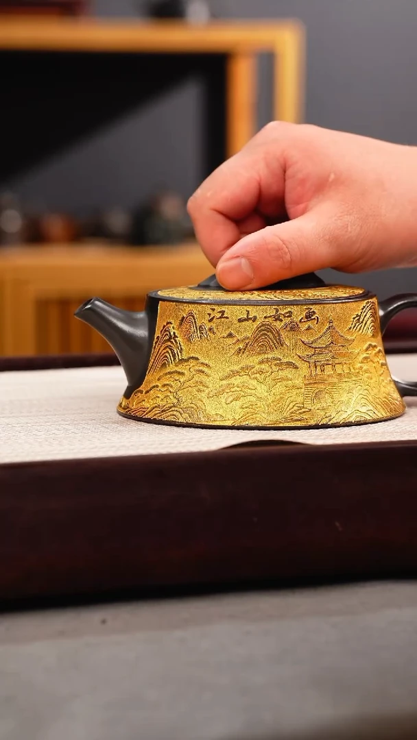 茶壶紫砂石黄 太湖石钮柱础 观山 描金