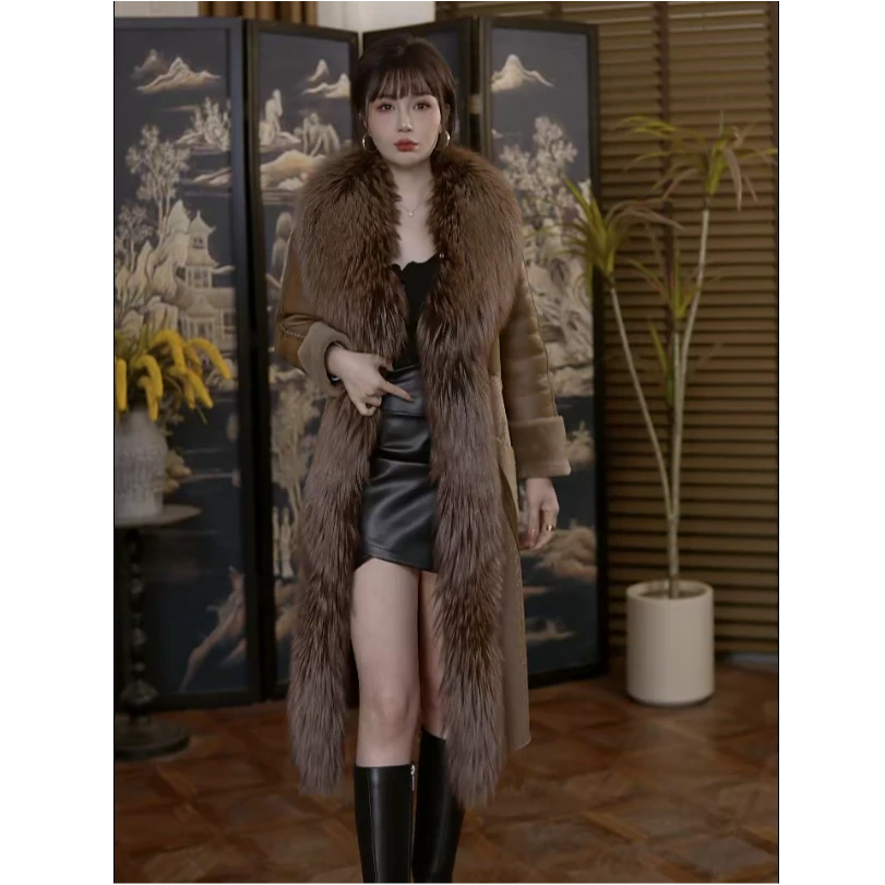 6128-2冬季时尚加厚中长款过膝保暖真皮狐狸毛领皮毛一体