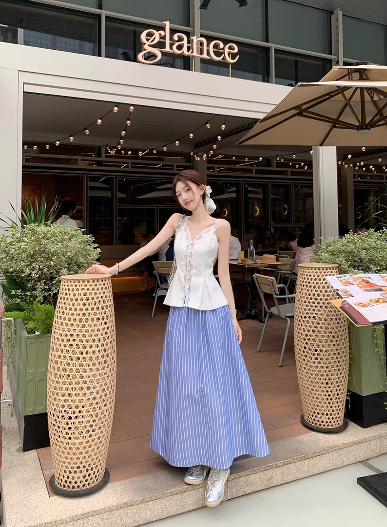 2025夏季新款韩系慵懒风蓝白条纹高腰a字半身裙女
