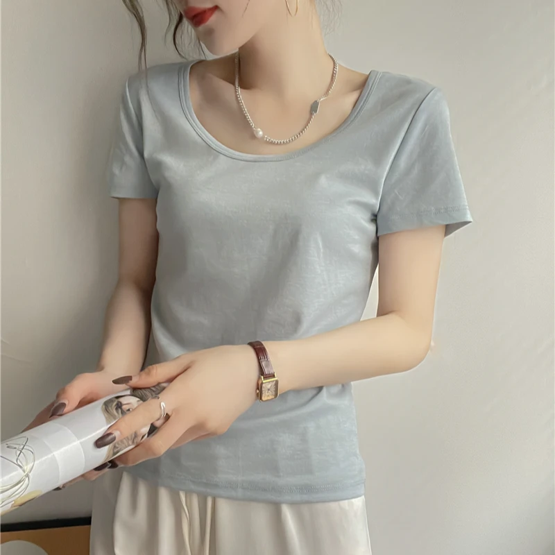 程程甄选-「夏季必备」 夏季修身纯色显瘦醋酸桑蚕丝U领T恤B05