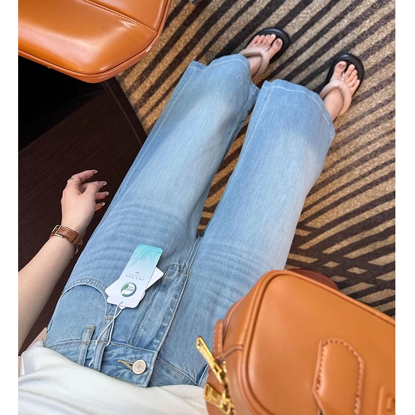 莱赛尔天丝九分阔腿牛仔裤女2025夏季薄款梨形身材宽松显瘦直筒裤