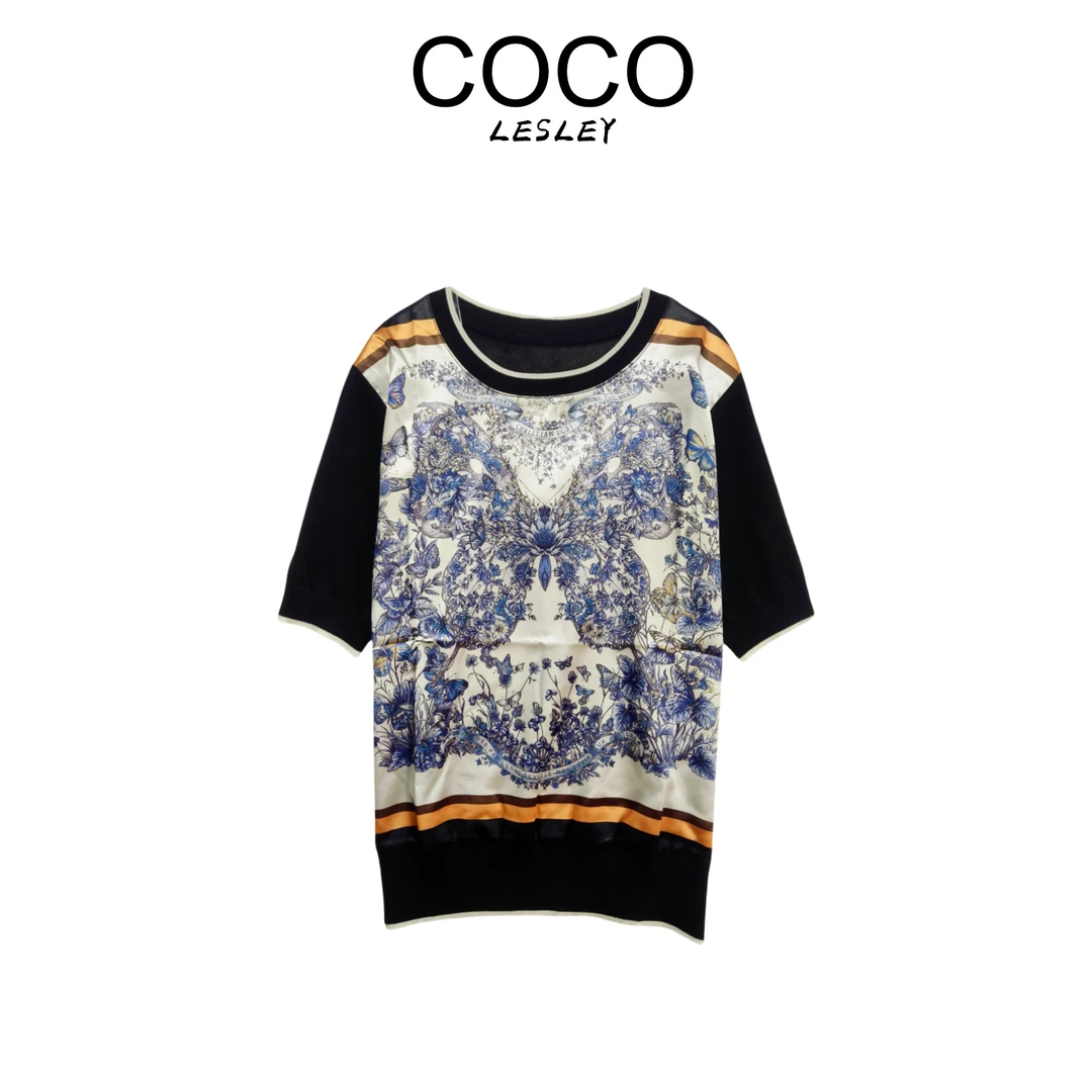 【COCO LESLEY】醋酸拼接桑蚕丝蓝蝶印花撞色上衣msl464